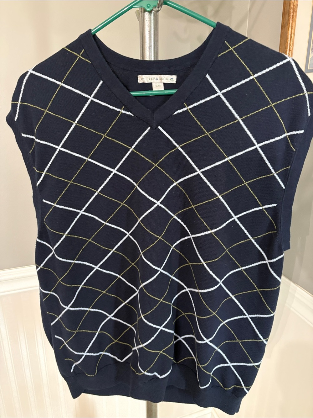 Cutter & Buck Navy Argyle Grid V-Neck Sweater Vest with White & Olive Lines